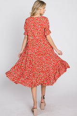 Orange Spotted Button Front Tiered Midi Dress