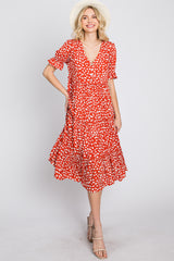 Orange Spotted Button Front Tiered Midi Dress