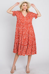 Orange Spotted Button Front Tiered Midi Dress