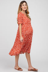 Orange Spotted Button Front Tiered Maternity Midi Dress