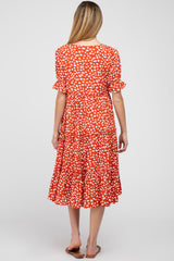 Orange Spotted Button Front Tiered Maternity Midi Dress