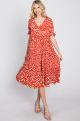 Orange Spotted Button Front Tiered Midi Dress