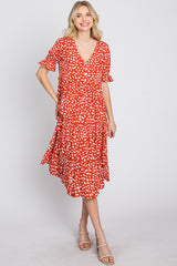 Orange Spotted Button Front Tiered Midi Dress