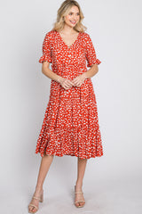 Orange Spotted Button Front Tiered Midi Dress