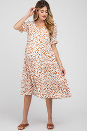 Ivory Spotted Button Front Tiered Maternity Midi Dress