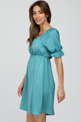 Teal Satin Square Neck Dress