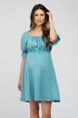 Teal Satin Square Neck Maternity Dress