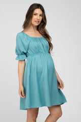 Teal Satin Square Neck Maternity Dress