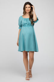 Teal Satin Square Neck Maternity Dress