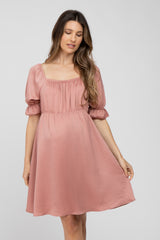 Pink Satin Square Neck Maternity Dress