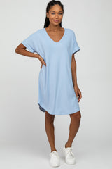 Light Blue Ribbed V-Neck Cuffed Sleeve Round Hem Maternity Dress