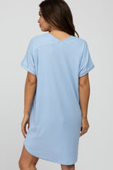 Light Blue Ribbed V-Neck Cuffed Sleeve Round Hem Maternity Dress