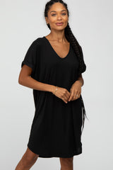 Black Ribbed V-Neck Cuffed Sleeve Round Hem Dress