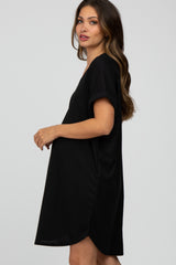 Black Ribbed V-Neck Cuffed Sleeve Round Hem Maternity Dress