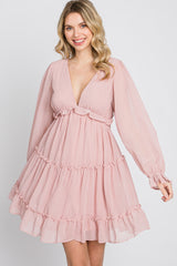 Pink Chiffon Ruffle Tiered Open Back Dress