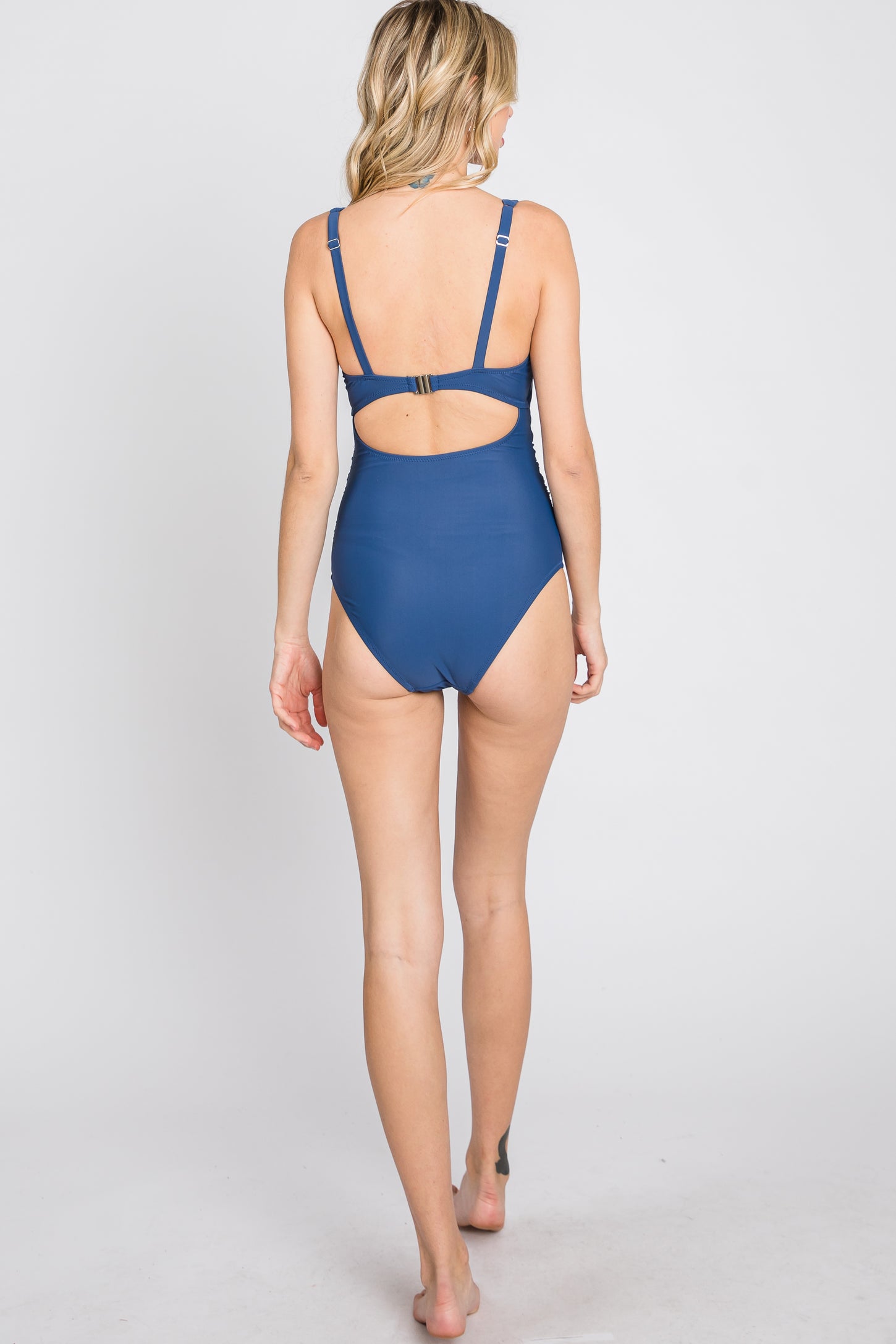 Navy Blue Ruched Sides Front Cutout Maternity One Piece Swimsuit– PinkBlush