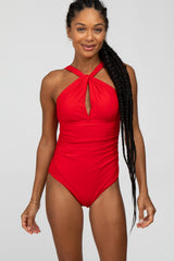 Red Knot Front Back Cutout One Piece Swimsuit