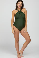 Olive Knot Front Back Cutout One Piece Maternity Swimsuit