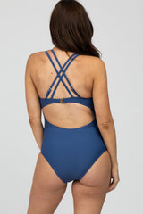 Blue Ruched Side Strappy Cross Back Maternity One Piece Swimsuit