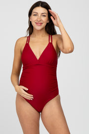 Red Ruched Side Strappy Cross Back Maternity One Piece Swimsuit