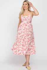 Pink Floral Sleeveless Ruffle Hem Maternity Midi Dress