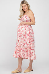 Pink Floral Sleeveless Ruffle Hem Maternity Midi Dress