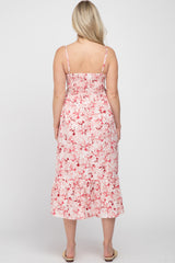 Pink Floral Sleeveless Ruffle Hem Maternity Midi Dress