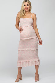 Pink Floral Print Smocked Maternity Maxi Dress