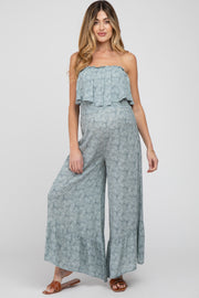 Blue Floral Strapless Ruffle Hem Maternity Jumpsuit