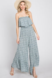 Blue Floral Strapless Ruffle Hem Jumpsuit