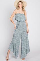 Blue Floral Strapless Ruffle Hem Jumpsuit