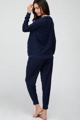 Navy Blue Soft Knit Long Sleeve Maternity Set