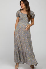 Grey Criss-Cross Back Floral Maternity Maxi Dress