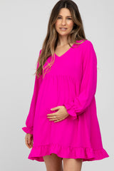 Fuchsia Ruffle Trim Long Sleeve Maternity Dress