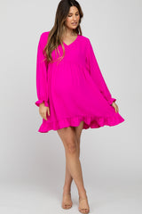 Fuchsia Ruffle Trim Long Sleeve Maternity Dress