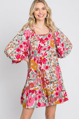 Pink Floral 3/4 Sleeve Tiered Dress