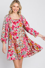 Pink Floral 3/4 Sleeve Tiered Dress