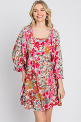 Pink Floral 3/4 Sleeve Tiered Dress