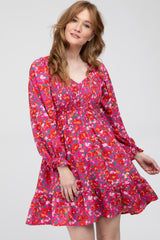 Fuchsia Floral Smocked Front Ruffle Trim Maternity Dress