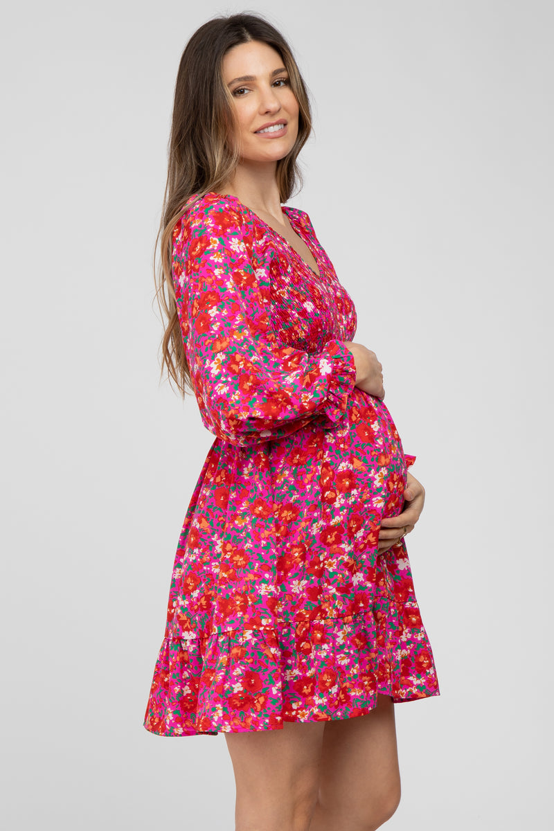 Fuchsia Floral Smocked Front Ruffle Trim Maternity Dress– PinkBlush