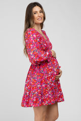 Fuchsia Floral Smocked Front Ruffle Trim Maternity Dress