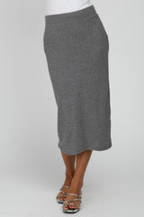 Charcoal Ribbed Back Slit Pencil Skirt