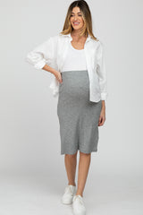 Heather Grey Ribbed Back Slit Maternity Pencil Skirt