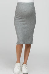 Heather Grey Ribbed Back Slit Maternity Pencil Skirt