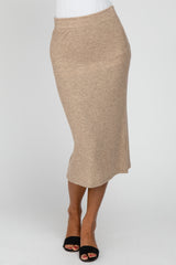 Beige Ribbed Back Slit Pencil Skirt