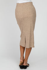 Beige Ribbed Back Slit Pencil Skirt