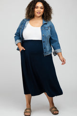 Navy Blue Gathered Waist Maternity Plus Midi Skirt