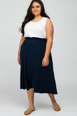 Navy Blue Gathered Waist Plus Midi Skirt