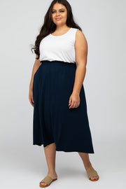 Navy Blue Gathered Waist Plus Midi Skirt