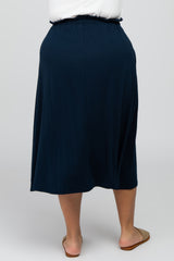 Navy Blue Gathered Waist Plus Midi Skirt